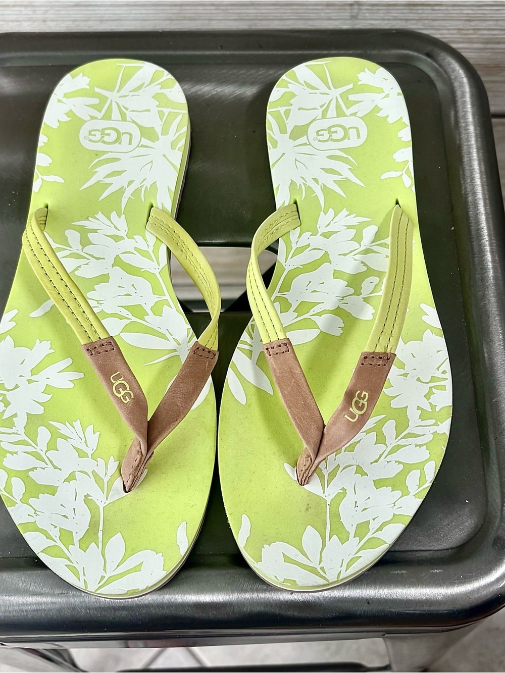 UGG Lime Green and Tan Floral Flip Sandals